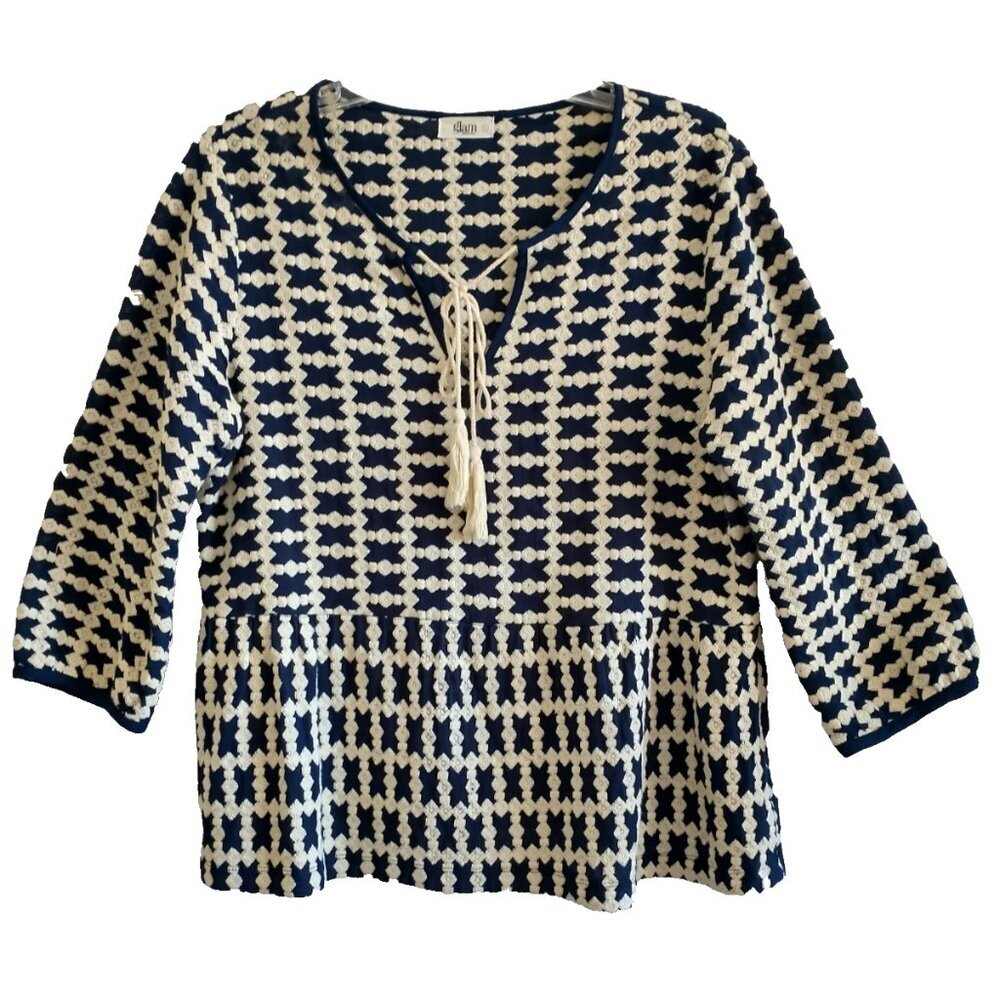 GLAM Women's Top Cotton Blue Ivory Embroidered V-Neck 3/4 Sleeve Tassels - Large